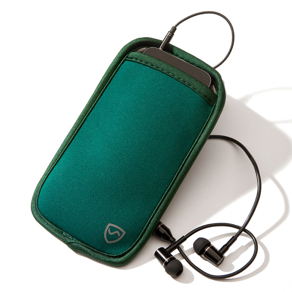 Green phone case with earbuds on a white background